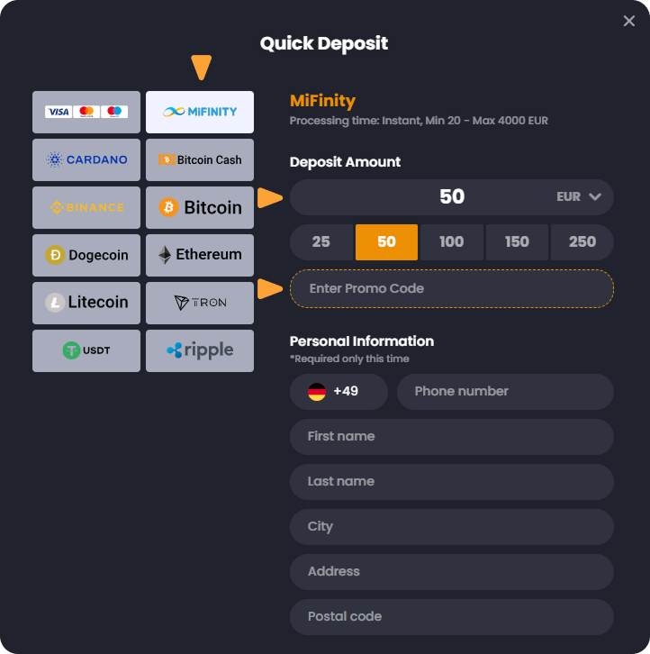 Deposit with MiFinity