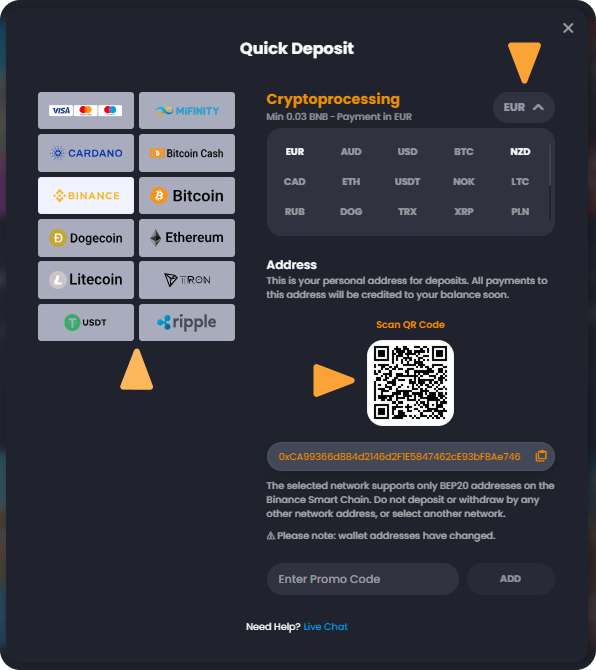 How to Deposit with Binance (BNB) on Bitkingz Casino step 2 Deposit Crypto